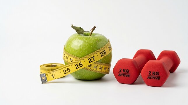 Healthy lifestyle concept featuring a fresh green apple wrapped in a yellow measuring tape placed next to two red 2kg dumbbells on a clean white background for diet, nutrition, and fitness