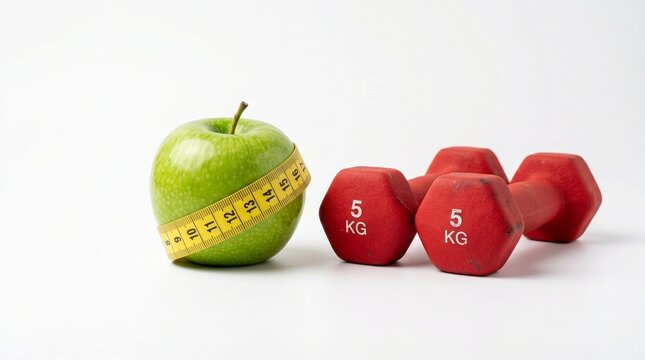 Green apple with yellow measuring tape and red 5kg dumbbells on a white background representing a healthy lifestyle, fitness, balanced nutrition, and weight loss goals for a better life