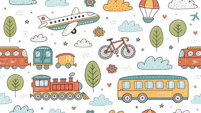 Seamless pattern with cute hand drawn transport, trees and clouds cartoon vehicles, airplane, train, bus, bicycle and hot air balloon