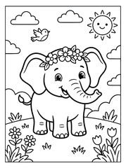 cute elephant coloring page with clouds and rain vector illustration © Sameyen