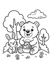 Fototapeta premium cute teddy bear and rabbit coloring with clouds vector illustration flat design