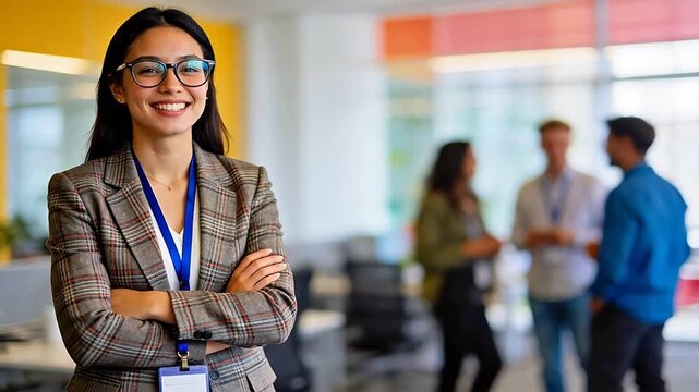 Smiling woman in office with colleagues