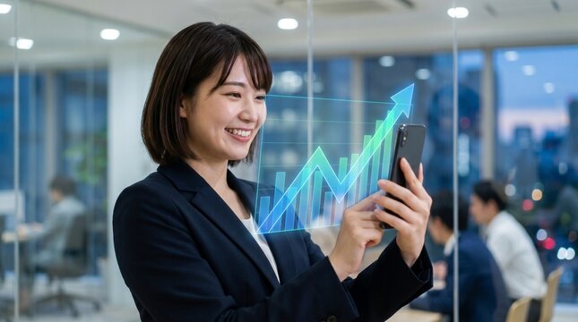 Woman in business attire analyzes data on phone with graph in modern office