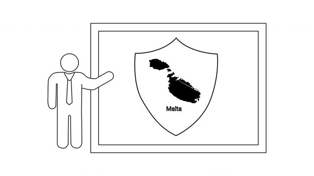 Presentation of Malta map inside a shield symbol by a person icon.