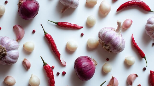 Fresh Garlic, Onions, and Red Chilies Arranged Beautifully on White Background for Culinary Use in Cooking and Recipes