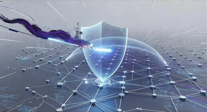 artificial intelligence security shield dynamically protecting digital infrastructure network from cyber threats copy space perfect for Artificial Intelligence Concept