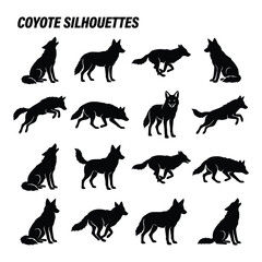 Obraz premium Collection of coyote silhouettes in various dynamic poses for wildlife and nature illustrations