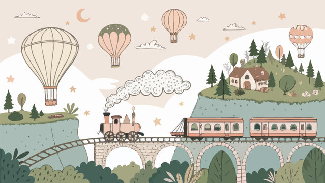 Cute seamless pattern with a steam train on a bridge, hot air balloons, and a cozy house on a hill, whimsical handdrawn illustration for nursery decor