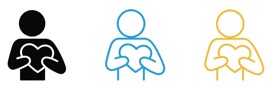 Self love person hugging heart symbol modern vector illustration expressing self care, emotional health, confidence, kindness, mindfulness and personal development concept