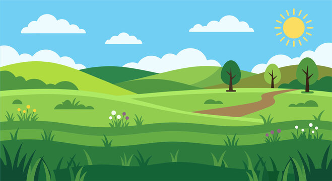 Minimalist Flat Vector Illustration of a Sunny Day Landscape