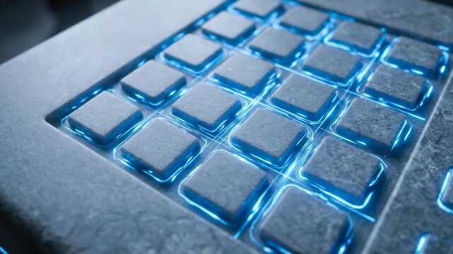 Digital keypad glowing blue light futuristic security panel with square buttons textured surface frozen ice cubes modern tray dark surface digital
