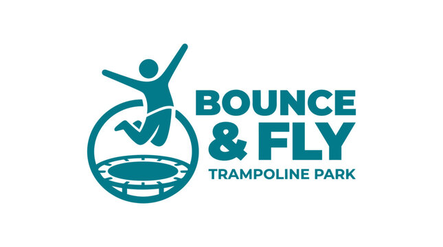 Vector logo for trampoline park featuring a jumping person and the text "Bounce & Fly" and "Trampoline Park".