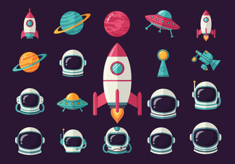 Space Exploration Flat Icon Set: Rockets, Planets, Astronaut Helmets, and UFOs © Yessy