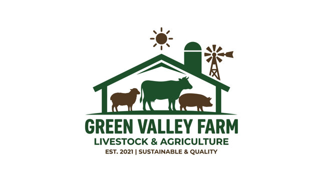 Farm logo with cow, sheep, and pig inside a house silhouette with windmill and sun