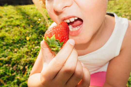 Girl holding strawberries close to camera 