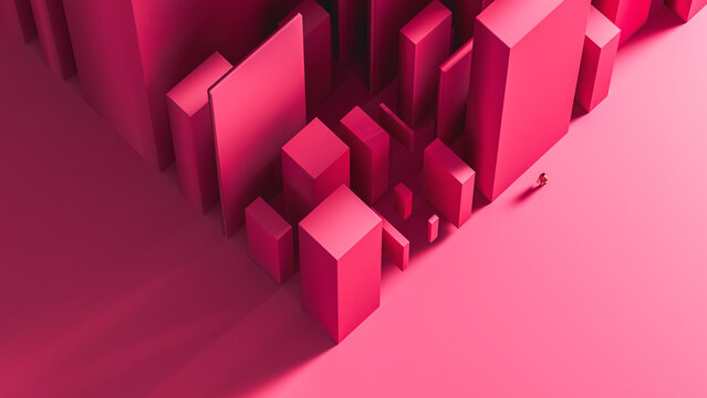 Businessman walks near buildings in a pink city