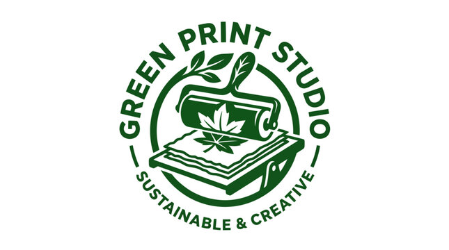 Green print studio logo with roller and leaf motif