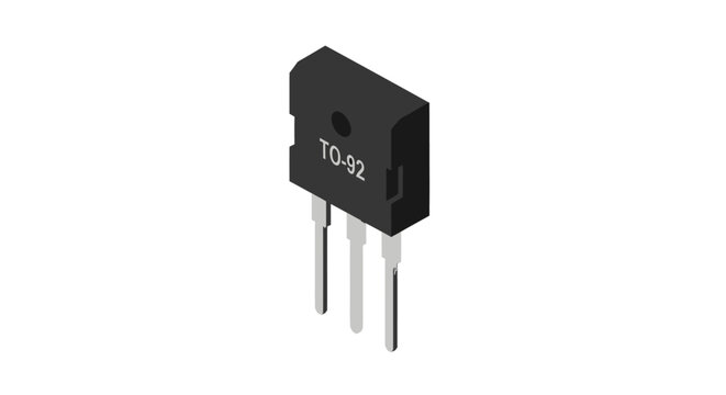 Black electronic transistor component with metal leads.