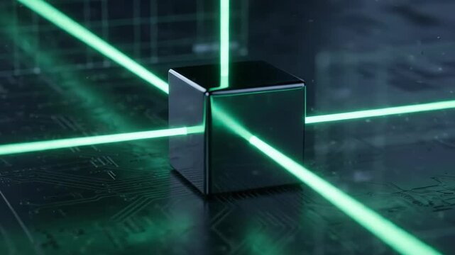 Black cube with green laser beams crossing dark circuit board and digital grid, symbolizing futuristic technology and high tech beam control