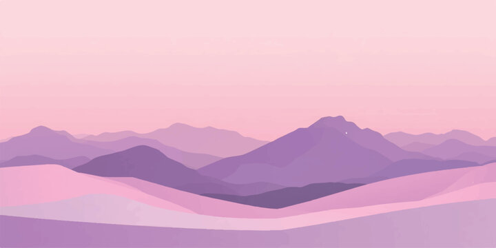 Sunset mountain landscape with misty peaks, morning dawn sky, clouds, fog, forest valley and scenic nature view