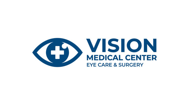 Blue eye logo with text for vision medical center and eye care