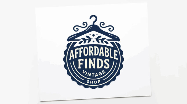 Vintage shop logo with hanger and leaves, affordable finds concept