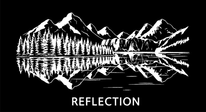 Serene mountain lake reflection in monochrome illustration.