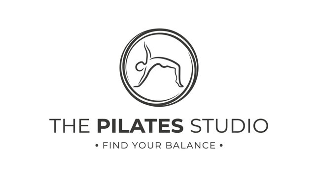 Vector logo for a pilates studio featuring a stylized figure in a yoga pose within a circular frame.