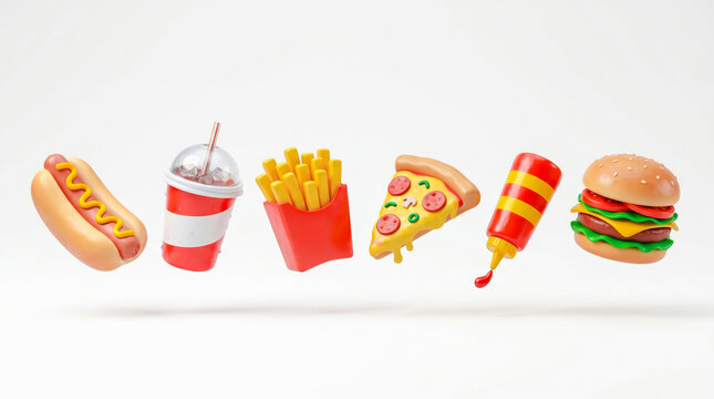 Colorful 3D fast food icons with hot dog, soda, fries, pizza, ketchup bottle and burger floating on a clean white background for menu, delivery, snack and restaurant design.