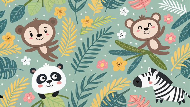 Seamless pattern with cute cartoon animals, monkeys, panda and zebra in the jungle with tropical leaves and flowers on a soft green background