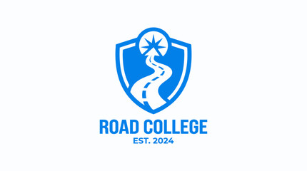 Fototapeta premium Blue shield emblem with winding road and star, symbolizing guidance and achievement.