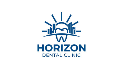 Fototapeta premium Vector dental logo with tooth and city skyline, modern clinic branding