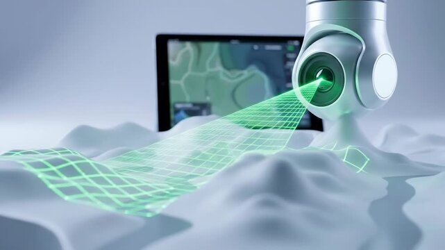 Laser scanning device capturing terrain model with digital control grid projection and tablet interface for precise 3D scanning and mapping analysis