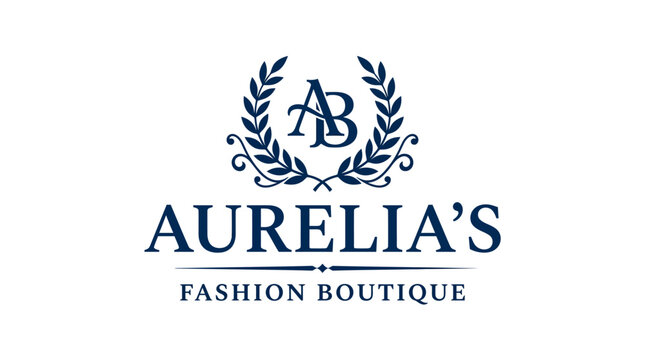 Elegant monogram AB logo with laurel wreath and "Aurelia's Fashion Boutique" text, vector design