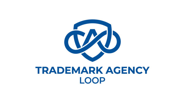 Abstract infinity loop logo with shield for trademark agency