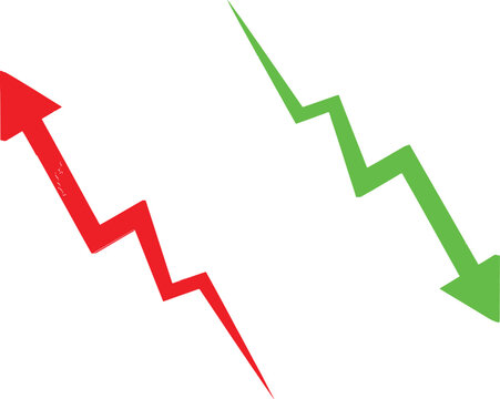 Red arrow going up and green arrow going down as financial market chart symbols