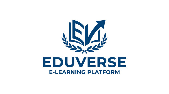 Vector logo for e-learning platform "EDUVERSE" with book and upward arrow concept