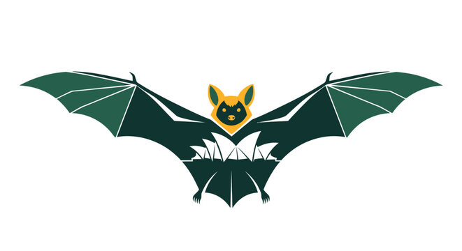 Illustrated green bat with sharp fangs and wide wingspan.