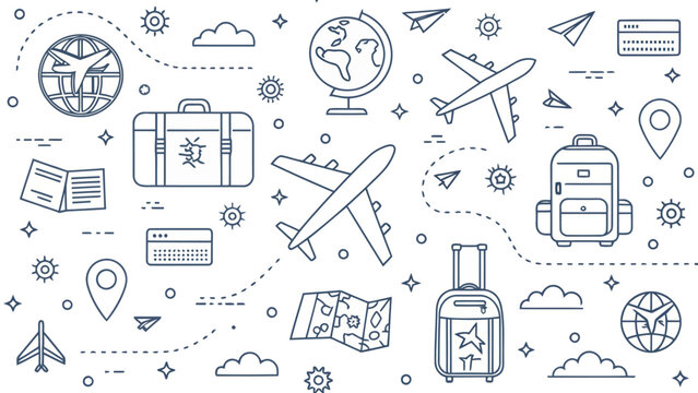 Travel and tourism background with icons of airplane, suitcase, globe, map, and passport