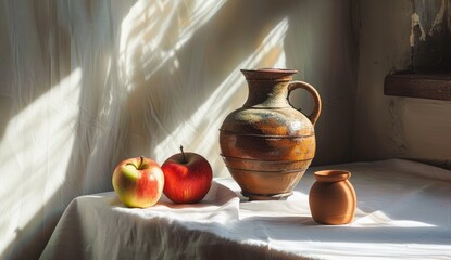 Still life with apples and pottery on draped fabric near a window, for art class © DESTIANINGSIH