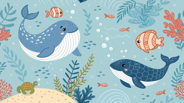 Seamless pattern with cute whales, fish, turtle and sea plants on a blue background vector illustration for kids, textile, wallpaper, wrapping paper