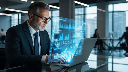 Fototapeta premium Businessman using futuristic digital interface with data charts
