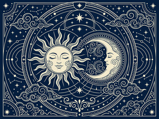 Celestial Sun and Moon Illustration with Mystical Faces, Stars, and Constellations in Vintage Esoteric Style © Susy