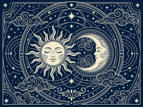 Celestial Sun and Moon Illustration with Mystical Faces, Stars, and Constellations in Vintage Esoteric Style