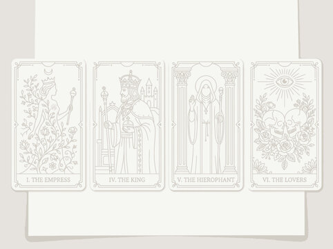 Minimalist Tarot Card Line Art Vector Set: The Empress, The King, The Hierophant, and The Lovers Major Arcana