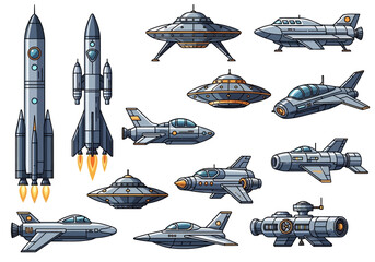 Sci-Fi Spacecraft Collection: Vector Illustration of Rockets, UFOs, and Futuristic Spaceships Isolated on White Background © Susy