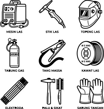 Welding Equipment Icons Set: Machine, Torch, Helmet, Gas Cylinder, Clamp, Wire, Electrodes