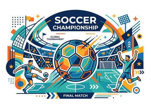 Dynamic Flat Illustration for Global Soccer Championship Final Match Banner with Players in Action at Stadium