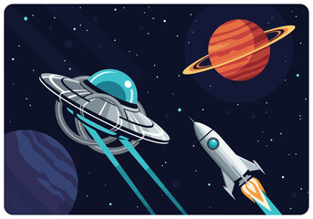 Flat Vector Illustration of Outer Space with UFO, Rocket Ship, and Planets © Susy