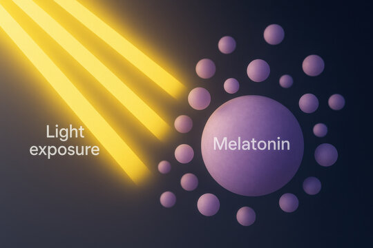 Light exposure suppressing melatonin production, bright yellow beams inhibiting pineal hormone, circadian rhythm disruption visualization with pastel purple spheres